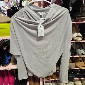 EXCLUSIVE Long Sleeve Asymmetrical Drape Neck Top Women's Size L Light Gray